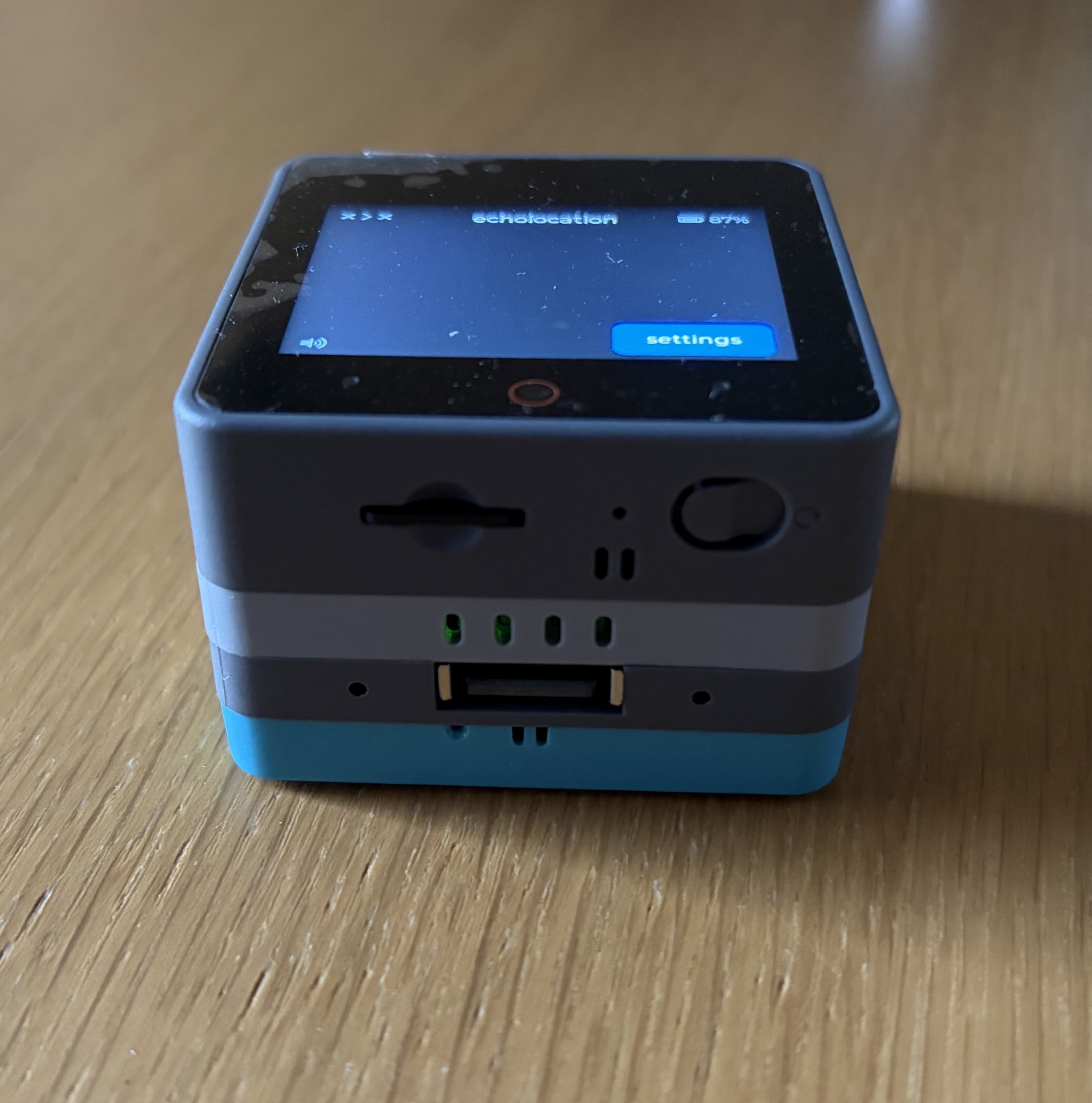 echolocation hardware showing the USB keyboard port, microSD slot, and power switch